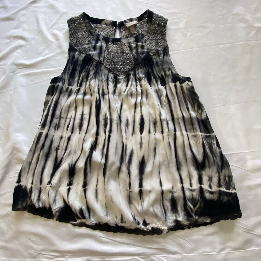 Rose Women XXL Black Cream Tie Dye Sleeveless Crochet Lace Tunic Top
